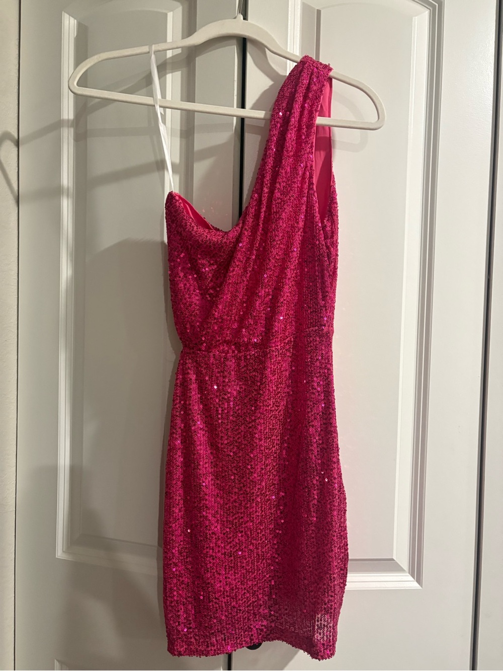 That’s So Fetch One-Shoulder Pink Sequin Mini Dress